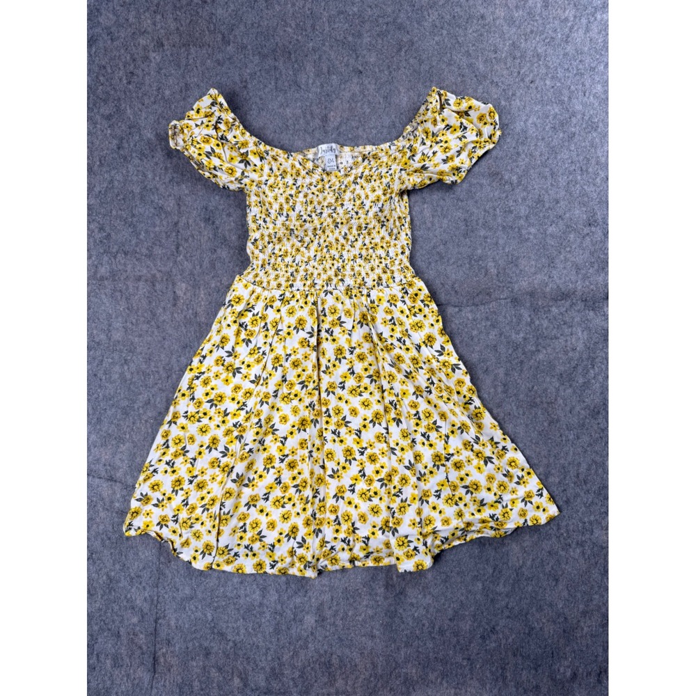 Justify Romper Dress Womens Medium Yellow Floral Rayon Smocked Boho Coastal Mini